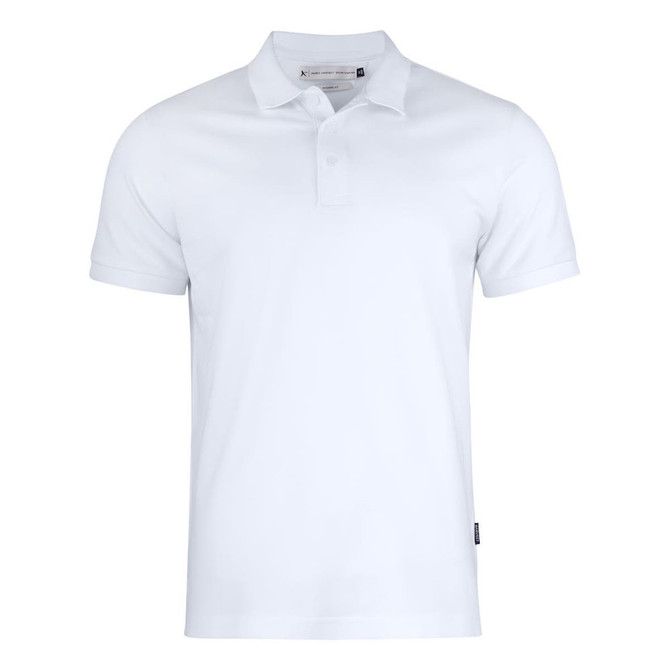 A white polo shirt with a classic collar and a logo on the side. Ideal for casual wear.