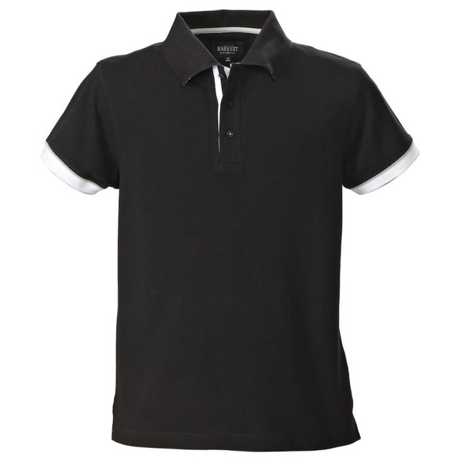 A black men's cotton polo shirt with white detailing on the cuffs and collar. It features a logo.