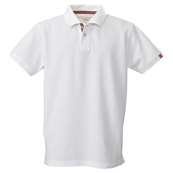 A white men's polo shirt with a collar and striped detail on the sleeves, featuring a logo.