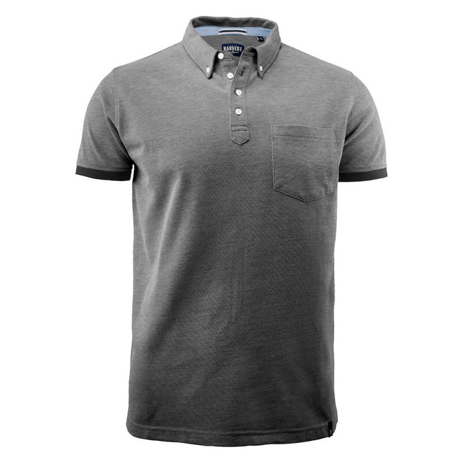 A men's cotton polo shirt in grey with a button-down collar and a chest pocket. It features a logo.