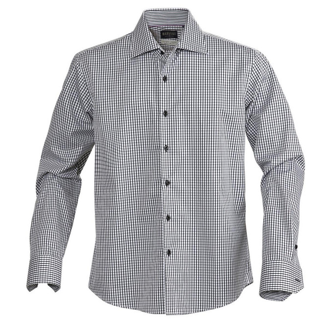 A button-up men's shirt featuring a black and white check pattern and long sleeves, with a logo on the collar.