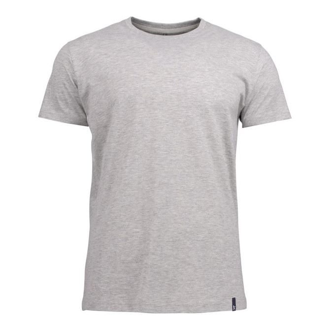 A grey crew neck T-shirt with short sleeves, featuring a small logo on the hem.