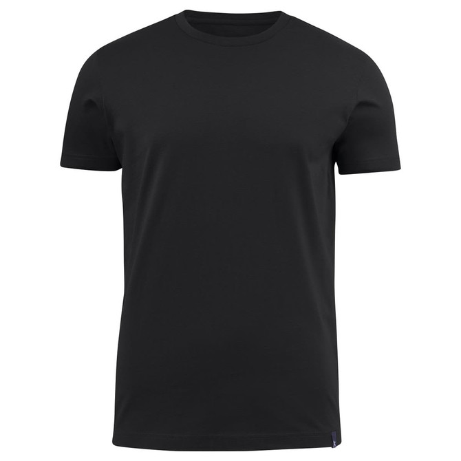A black men's crew neck T-shirt with a simple design, featuring a small logo at the hem.