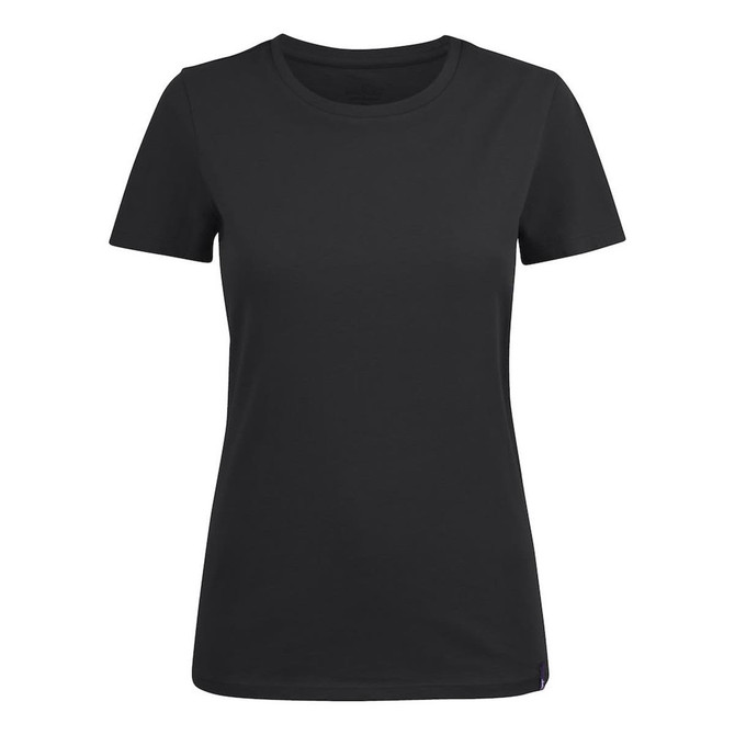 A black women's crew neck t-shirt featuring a fitted style and short sleeves. It includes a small logo.