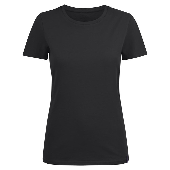 A black women's crew neck t-shirt featuring short sleeves and a logo on the side.