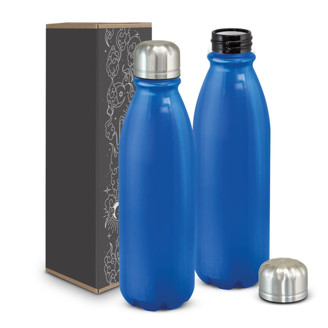 A drink bottle with a blue aluminium body and a metal screw top, presented alongside a decorated box.