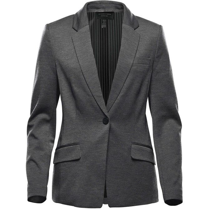 A grey women's blazer with a single button, featuring a striped interior and two front pockets.