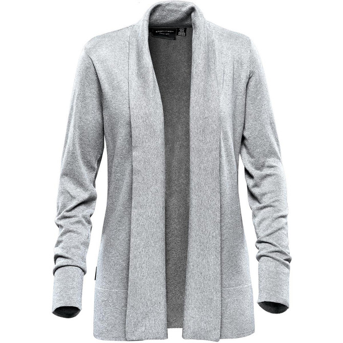A grey women's Soho cardigan featuring an open front and long sleeves, with a logo on the inside.