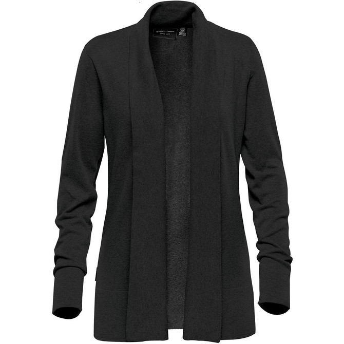 A black women's cardigan with a shawl collar and long sleeves, featuring a logo on the interior.