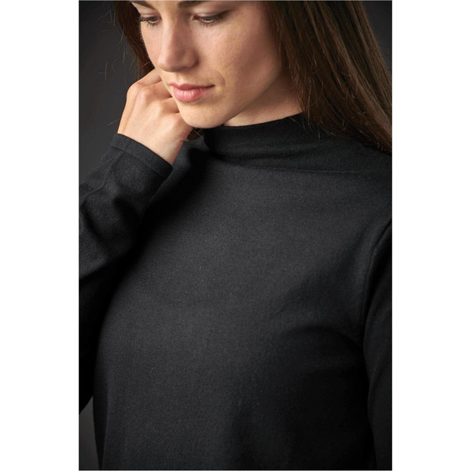 A black women's Belfast sweater featuring a high neck and long sleeves, with a logo present.