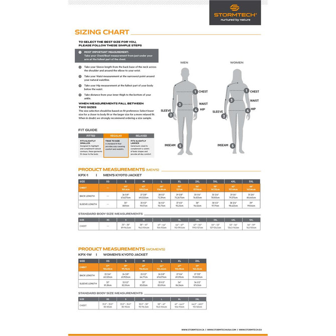 A sizing chart for the Men's Kyoto Jacket, featuring measurements for men and women along with fit guidelines.