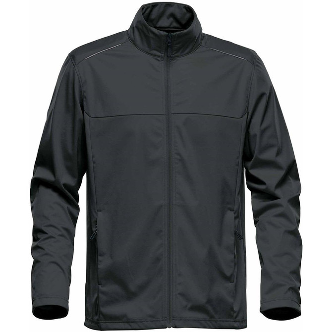 A lightweight men's softshell jacket in dark grey, featuring a zip front and side pockets. Branding included.