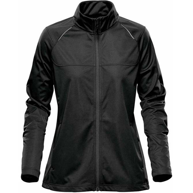 A women's lightweight softshell jacket in black with long sleeves and a collar, featuring a logo.