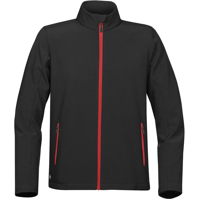A black softshell jacket with red zippers and pockets, featuring a high collar and a logo.