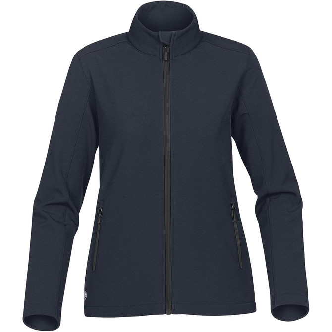 A women's soft shell jacket in dark grey with a full zip and side pockets. Features a subtle logo.