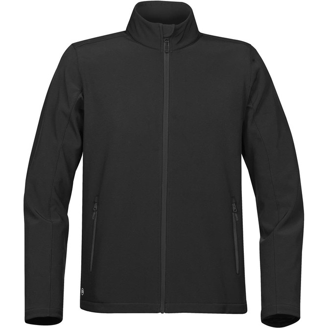 A black softshell jacket with a zippered front, high collar, and two side pockets. Features a logo on the lower front.