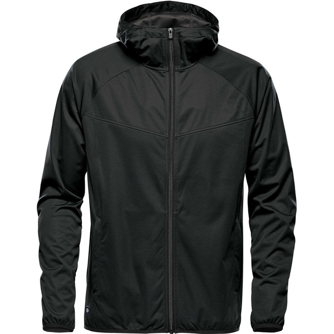 A black softshell jacket with a hood and zip closure, featuring a sleek design and an emblem.