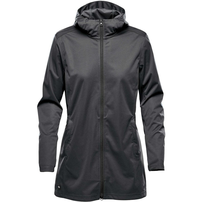 A women's softshell jacket in black, featuring a hood and zip closure, with side pockets and a logo.