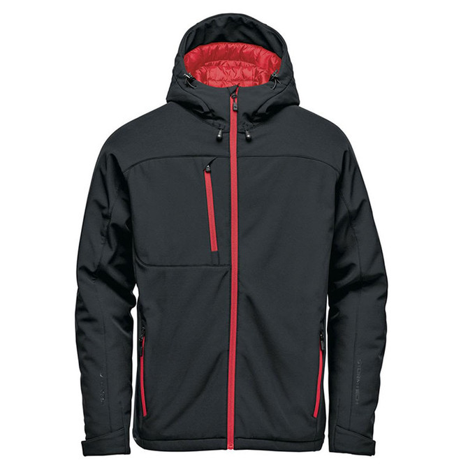 A black insulated softshell jacket with red accents and a hood, featuring zippered pockets and branding.