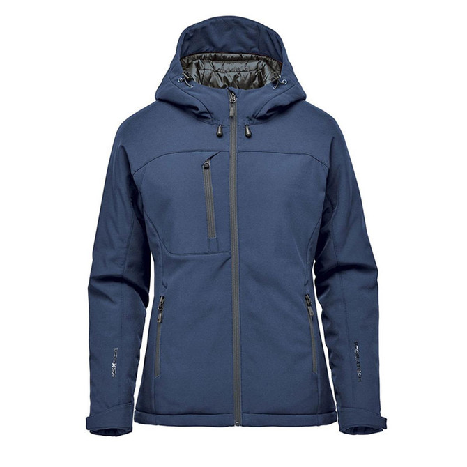 A navy blue women's insulated softshell jacket featuring a hood and multiple zip pockets. It has a logo on the sleeve.