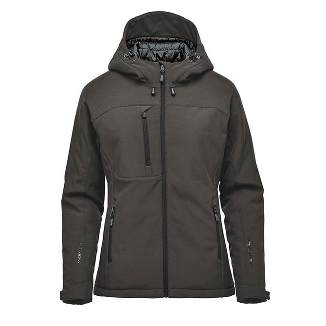A women's insulated softshell jacket in a dark green colour, featuring a hood and multiple zip pockets, with a logo.
