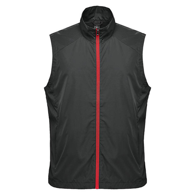 A grey vest with a high collar, featuring a red zipper and an emblem on the chest area.