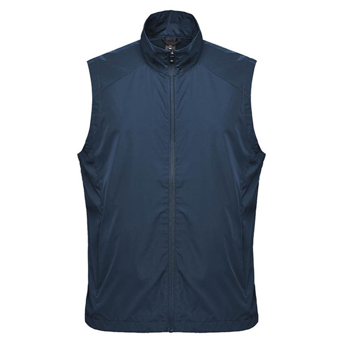 A navy blue men's vest with a zip front and a high collar, featuring a logo on the chest area.
