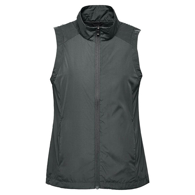 A sleeveless dark green women's vest with a high collar and front zipper, featuring a branding logo.
