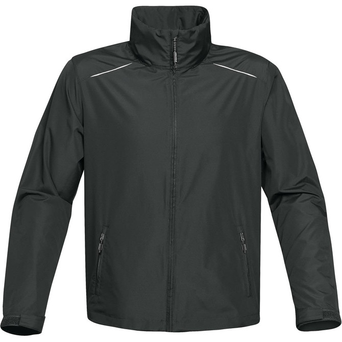 A dark green rain jacket featuring a zippered front, side pockets, and reflective detailing. It has a stand-up collar and a logo.