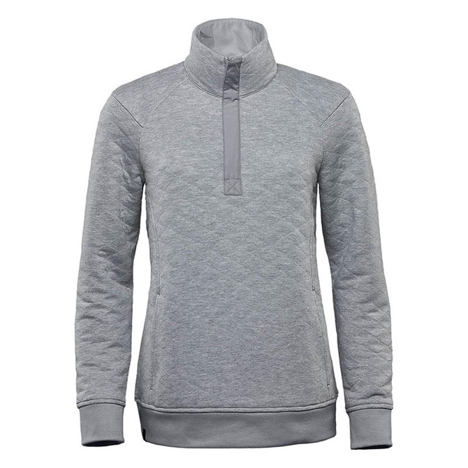 A grey women's thermal 1/4 zip pullover with a collar and ribbed hem, featuring a logo.