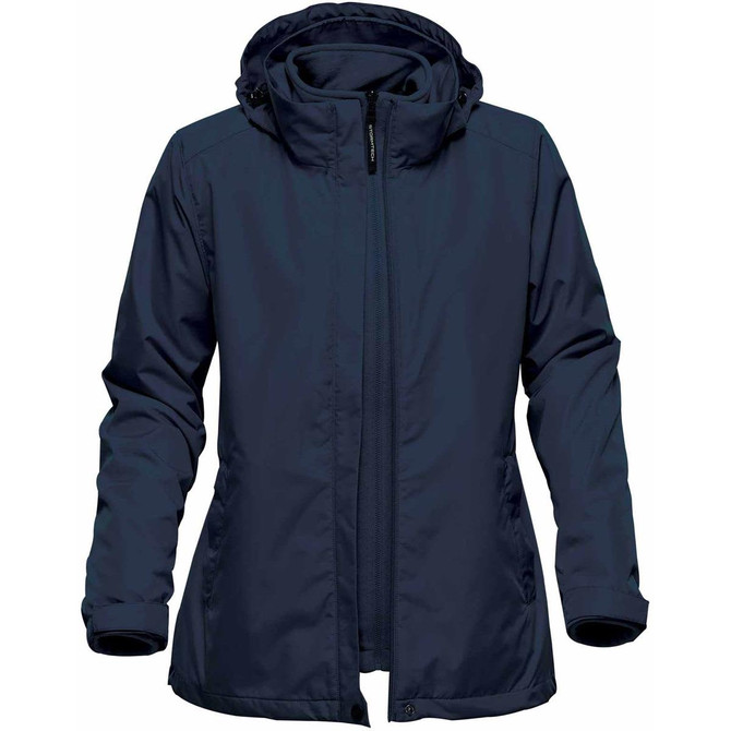 A navy women's jacket with a detachable hood, featuring zippers and a sleek design. It has a logo.