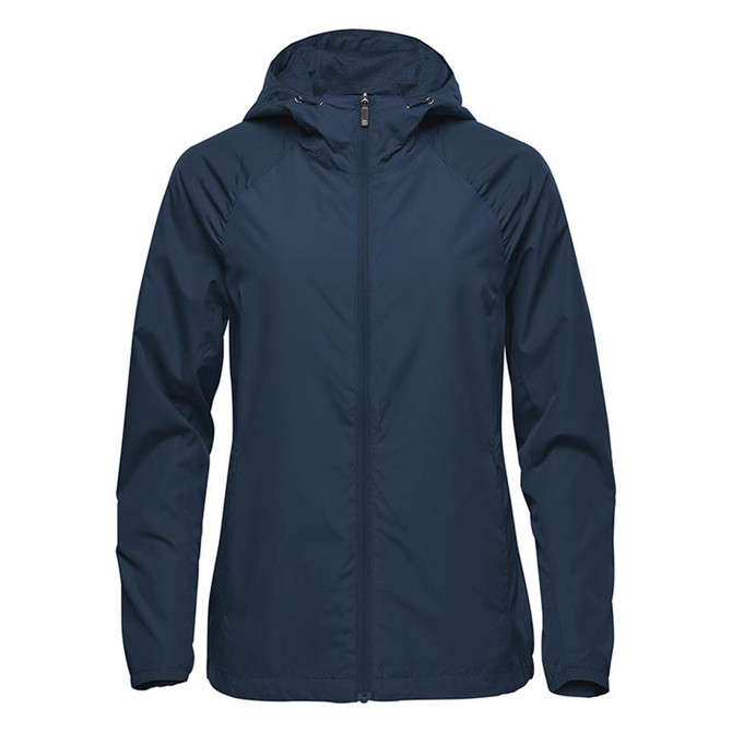 A navy blue women's wind jacket with a hood and a zippered front, featuring a logo on the chest.