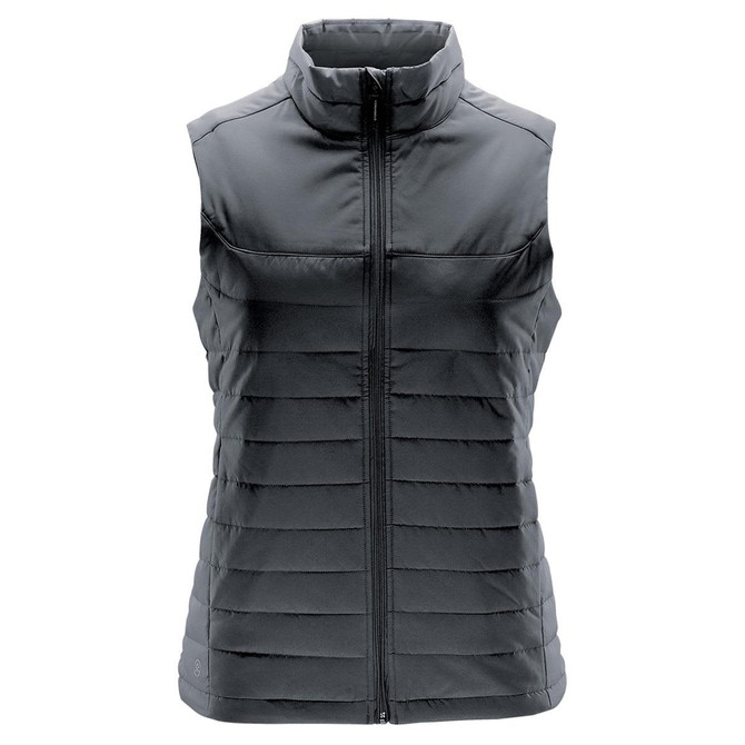 A women's quilted vest in a dark grey colour, featuring a high collar and a zippered front. Includes a logo.