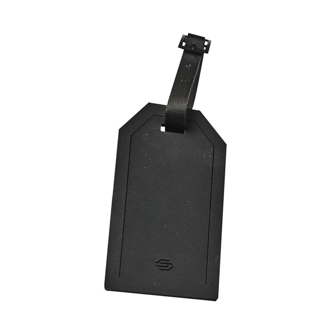 A black luggage tag with a textured surface and a sturdy strap. It features a logo on one side.