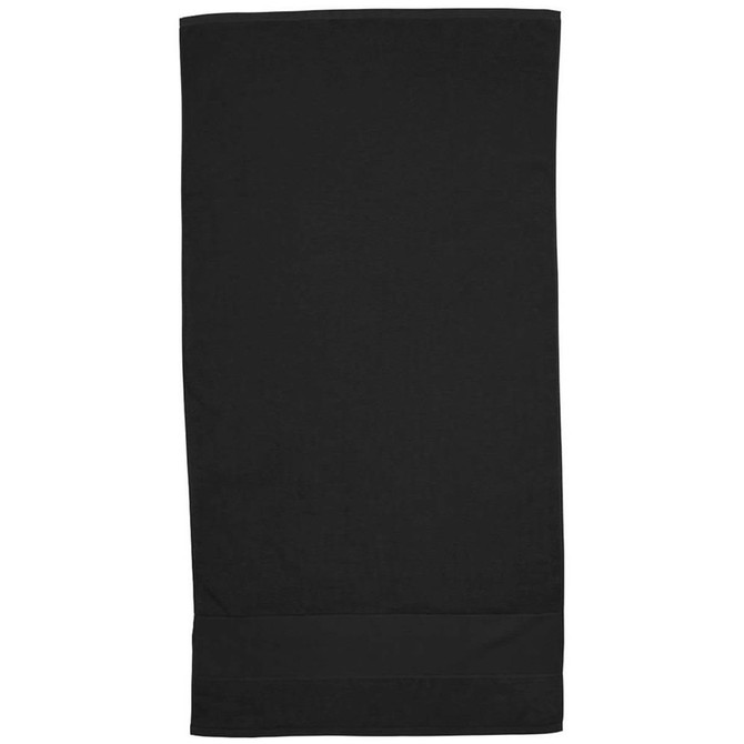 A black Terry Velour towel with a smooth finish, featuring a simple design and a branding logo.