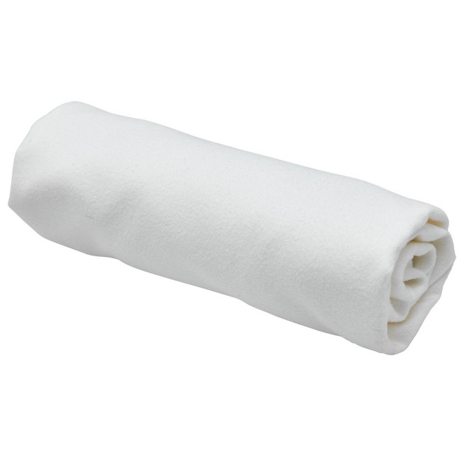 A rolled white sports towel displayed in a container, featuring a logo. Ideal for gym or outdoor activities.