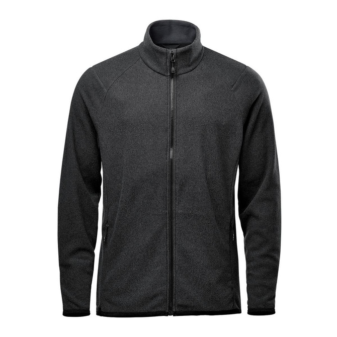 A men's full zip jacket in dark grey with a high collar and zippered pockets. It features a logo.