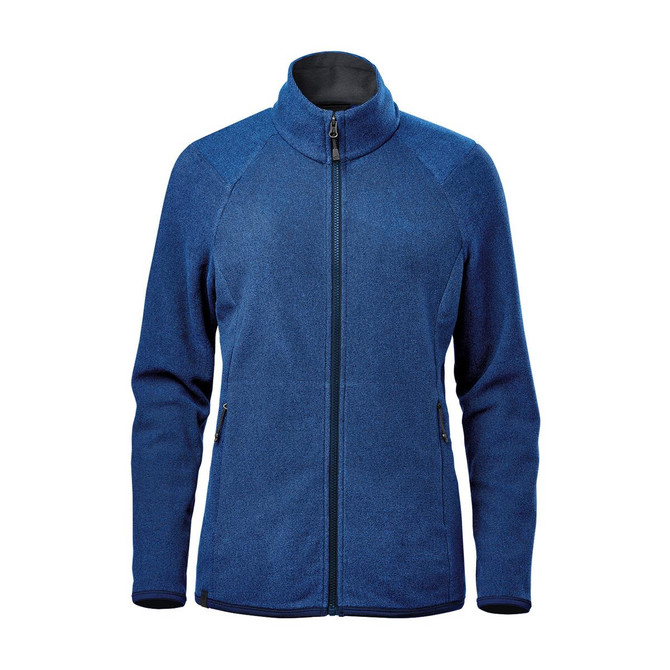 A women's full zip jacket in a deep blue shade, featuring a high collar and side pockets. It has a logo on it.