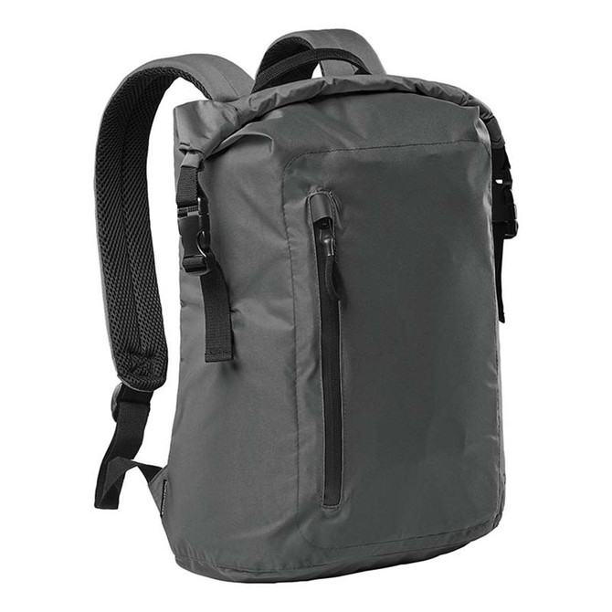 A grey roll-top backpack with adjustable straps and a front zip pocket, featuring a logo on the side.