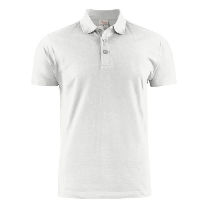 A light grey cotton polo shirt featuring a collar and three-button placket, with a logo on the chest.