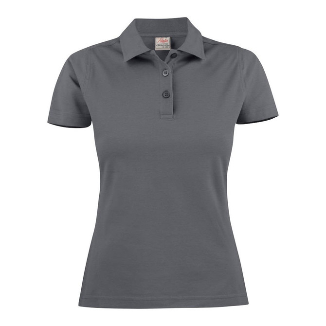 A grey women's cotton polo shirt featuring a classic collar and three-button placket, with a small logo.