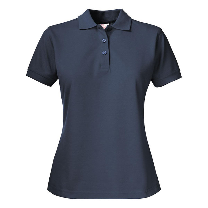 A dark navy women's cotton polo shirt featuring a classic polo collar and three-button placket.