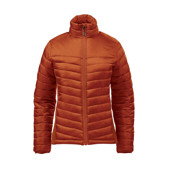 A women's thermal jacket in a warm orange hue, featuring a zip closure and a padded design. It has a logo.