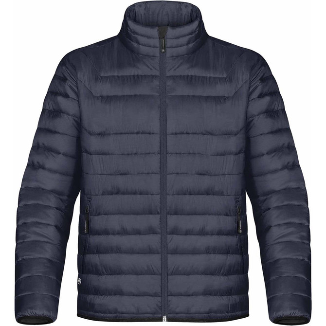 A dark navy men's jacket with a quilted pattern, high collar, and two side pockets, featuring a logo.