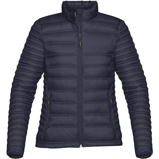 A women's jacket in navy blue, featuring a zip front and a fitted design with a quilted texture. It has a logo.