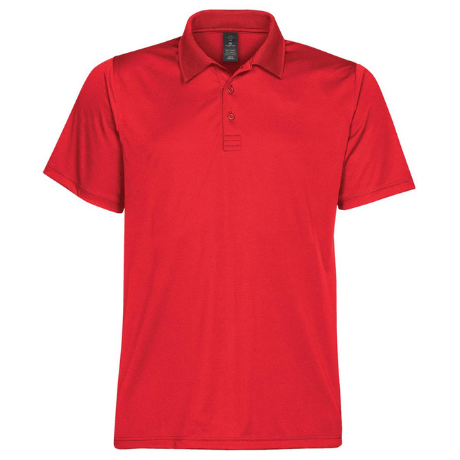 A red men's polo shirt with a collar and short sleeves, featuring a branding logo.