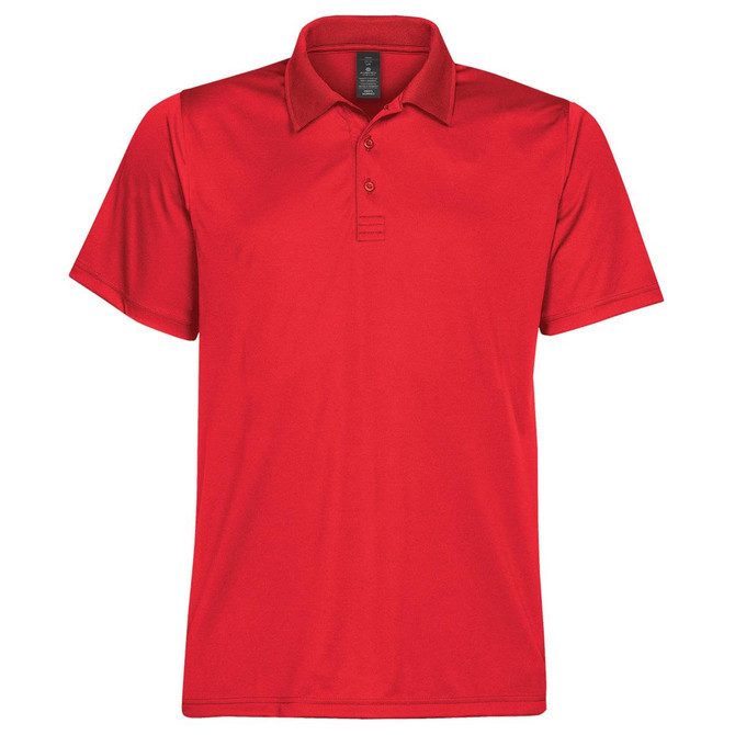 A red men's polo shirt with a collar, short sleeves, and a logo on the chest.