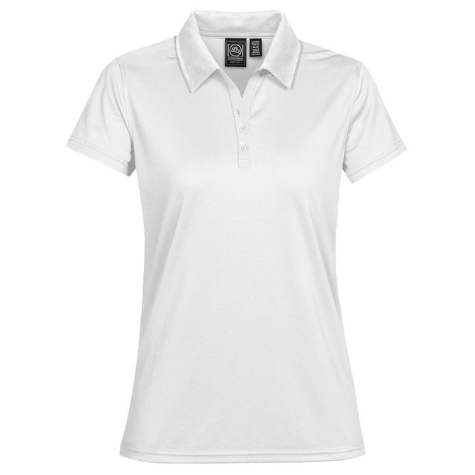 A white women's polo shirt with a classic collar and a logo on the chest.