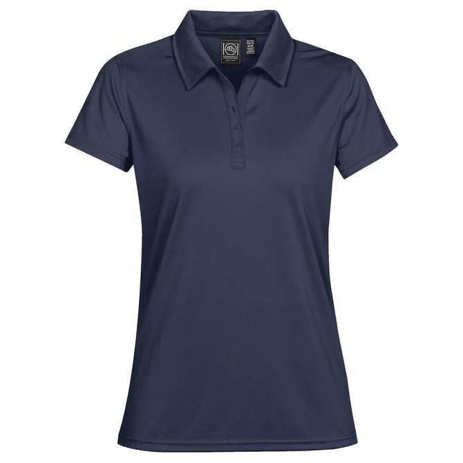 A navy women's polo shirt featuring a collar, short sleeves, and a button placket. It has a logo on the chest.