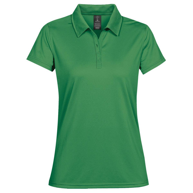 A green women's polo shirt with a collar and button placket. It features a logo on the chest.